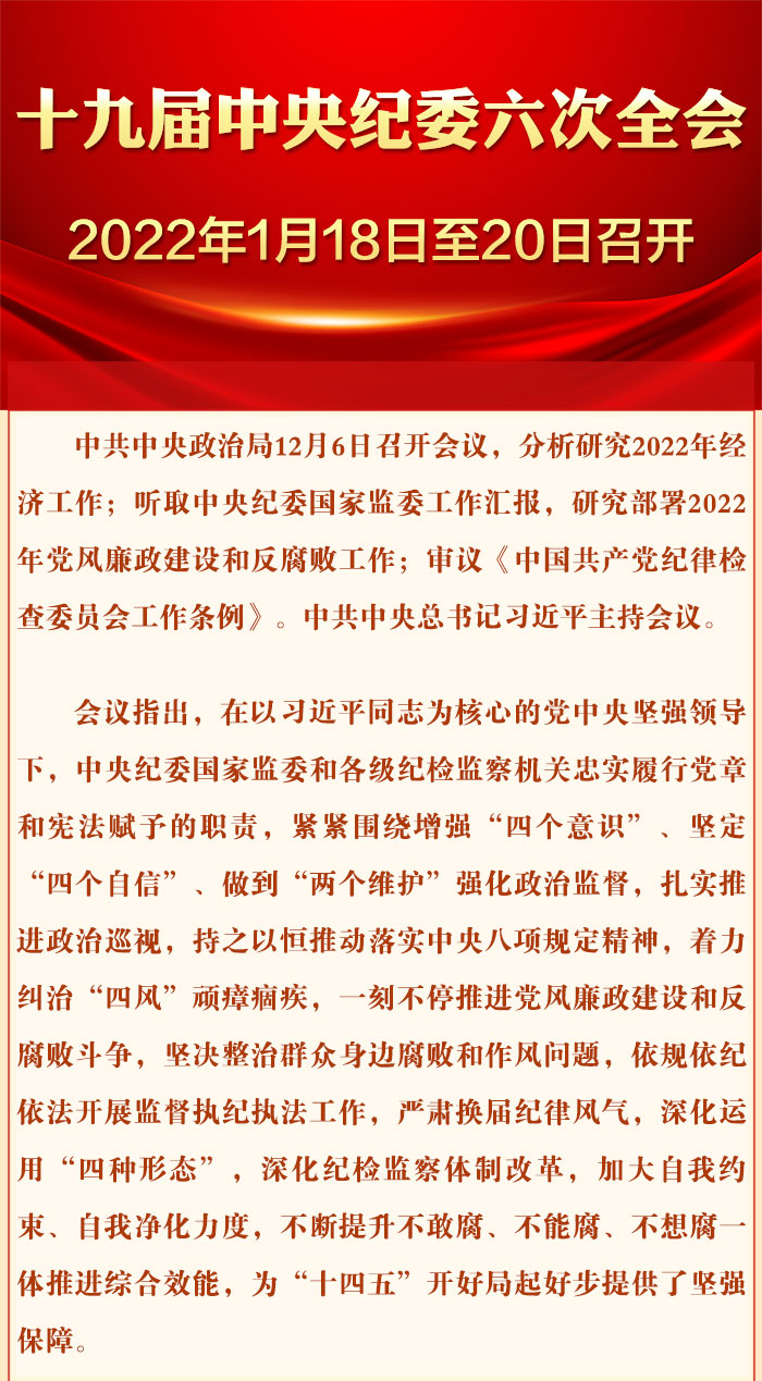 十九届中央纪委六次全会2022年1月18日至20日召开